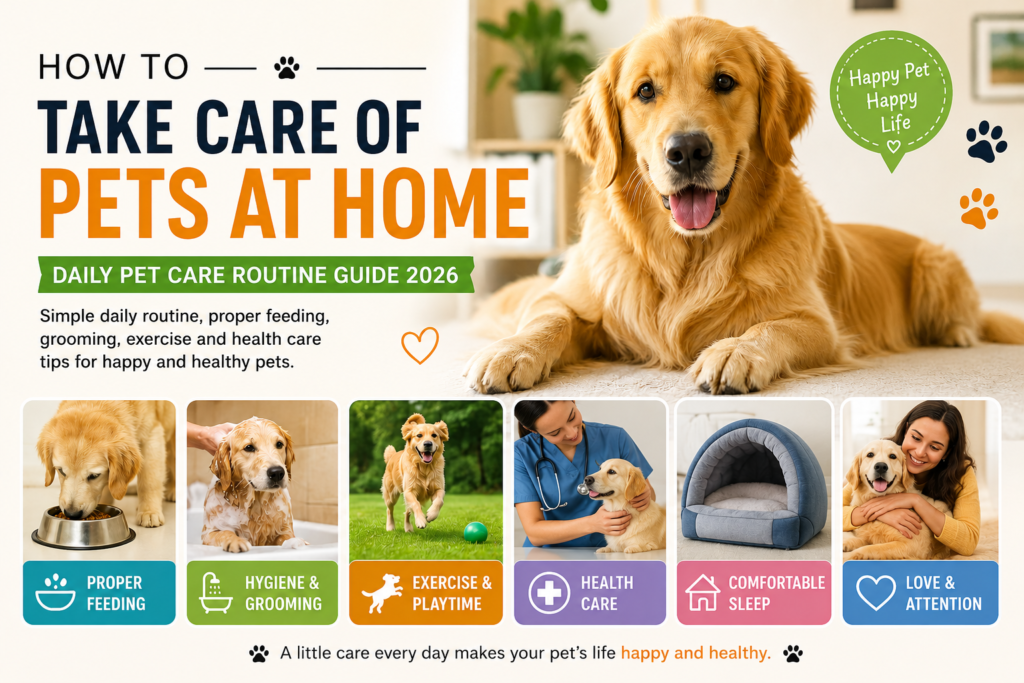 Golden retriever dog representing daily pet care at home including feeding, grooming, and exercise routine